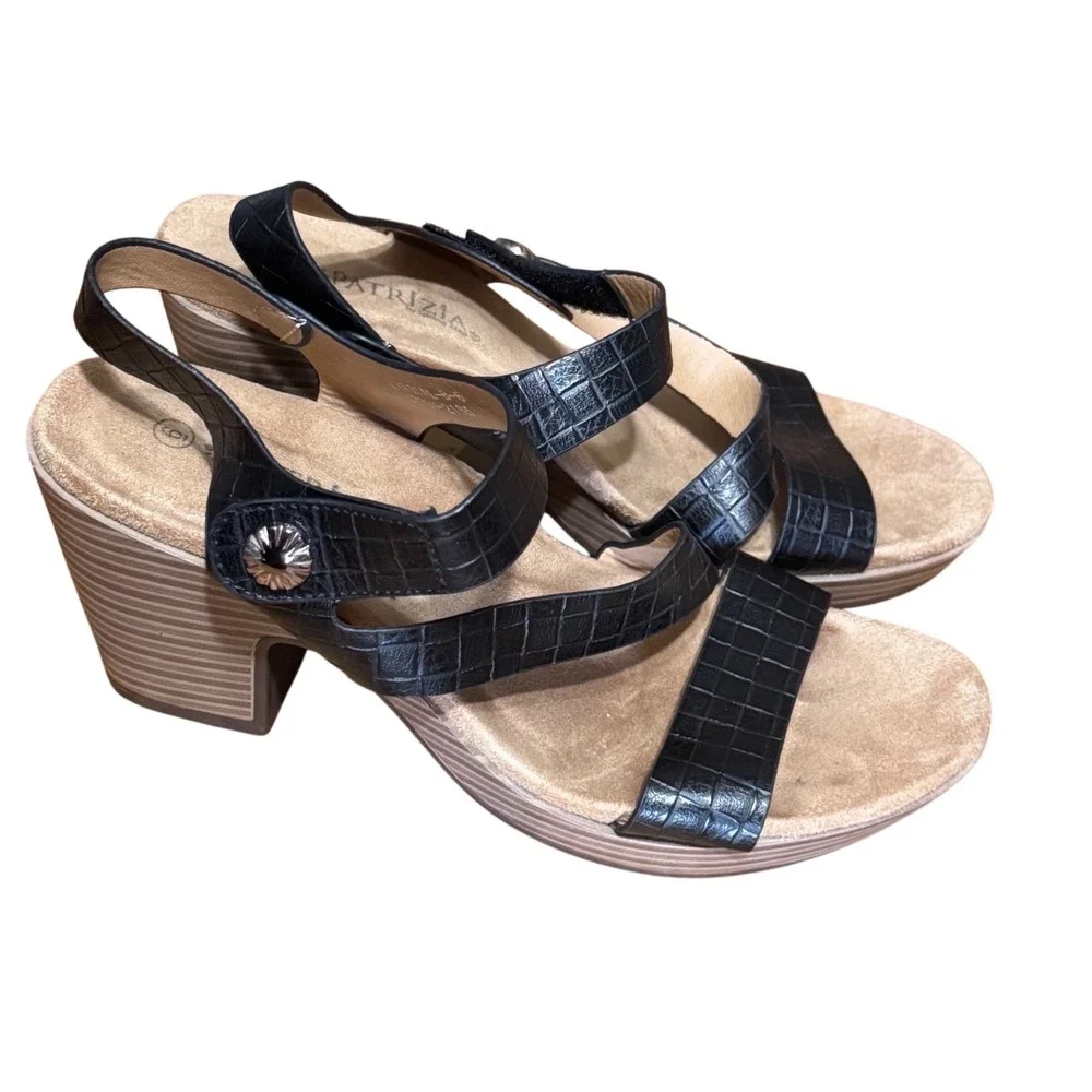 Patrizia Wedge Sandals Womens Size 9 Croc Embossed Strappy Black Comfort